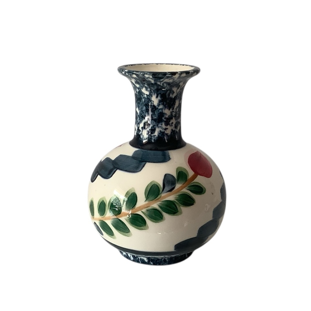Hand-Painted Ceramic Vase with Floral/Sponge Design Signed P. Silkotch Vintage